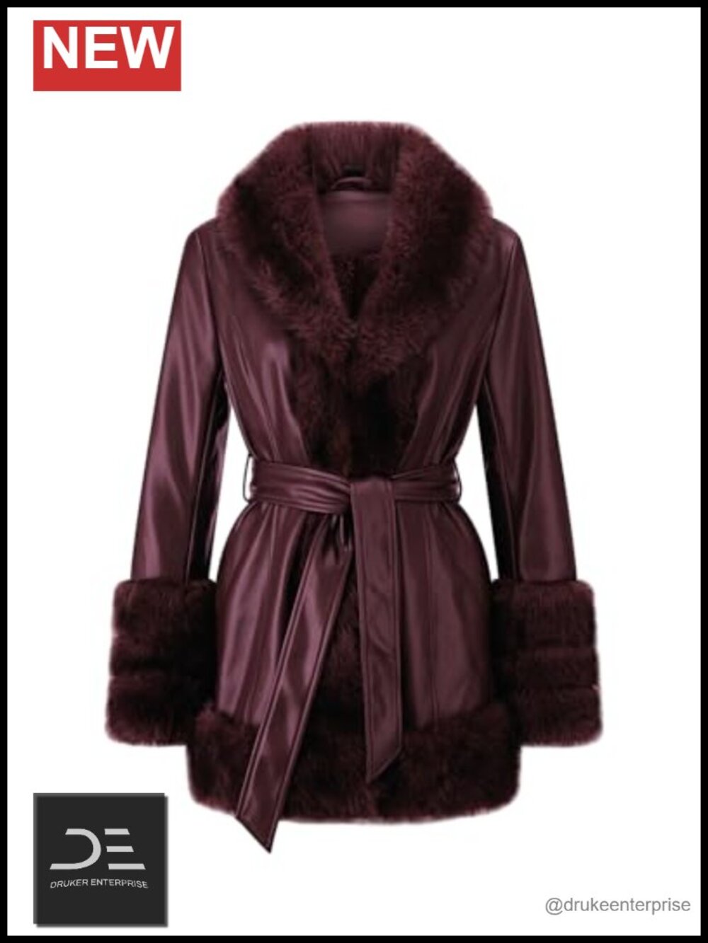 Faux Leather Fur Lined Jacket Belted Parka Overcoat